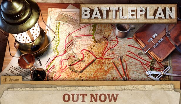 Official Battleplan promotional artwork showing a military planning map, equipment and the Battleplan title